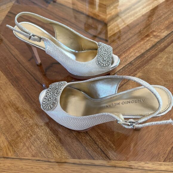 Antonio Melani Silver Peep Toe Kitten Heels Rhinestone Detail Silver Snakeskin - Picture 5 of 8